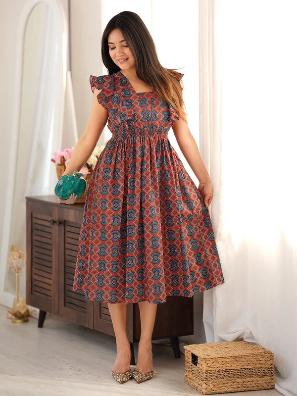 Women's Rust Pure Cotton Ethnic Motifs Printed Fit & Flare Dress
