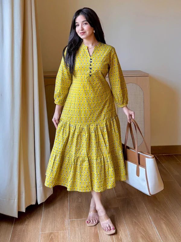 Women's Mustard Pure Cotton Ethnic Motif Printed Fit & Flare Dress