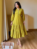 Women's Mustard Pure Cotton Ethnic Motif Printed Fit & Flare Dress
