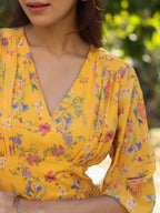 Mustard Georgette Floral Printed Gathered Dress