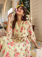 Light Yellow Georgette Floral Printed Fit & Flare Dress