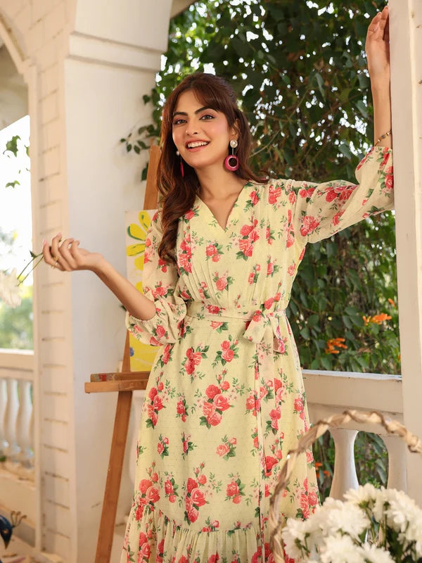 Light Yellow Georgette Floral Printed Fit & Flare Dress