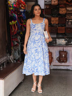 Women's Light Blue Pure Cotton Floral Printed A-line Dress