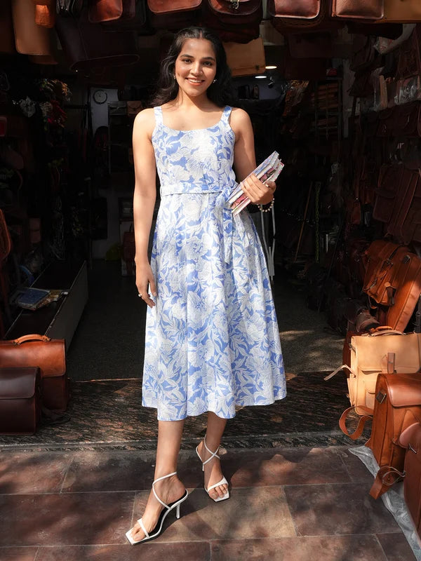 Women's Light Blue Pure Cotton Floral Printed A-line Dress