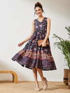 Women's Navy Blue Pure Cotton Floral Prinrted Gathered Dress
