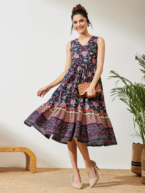 Women's Navy Blue Pure Cotton Floral Prinrted Gathered Dress