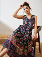 Women's Navy Blue Pure Cotton Floral Prinrted Gathered Dress