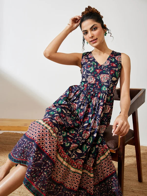 Women's Navy Blue Pure Cotton Floral Prinrted Gathered Dress