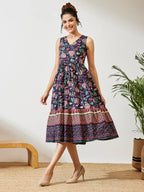 Women's Navy Blue Pure Cotton Floral Prinrted Gathered Dress