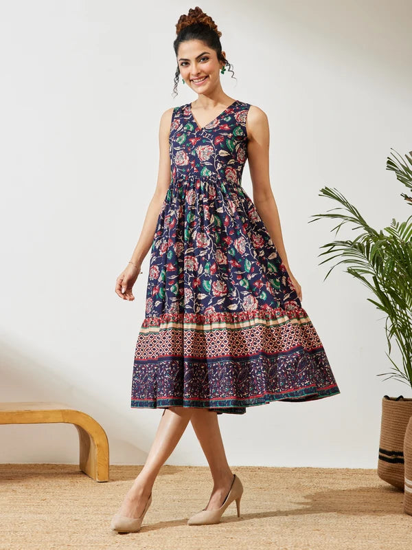 Women's Navy Blue Pure Cotton Floral Prinrted Gathered Dress