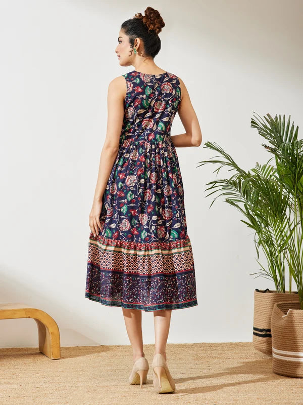 Women's Navy Blue Pure Cotton Floral Prinrted Gathered Dress