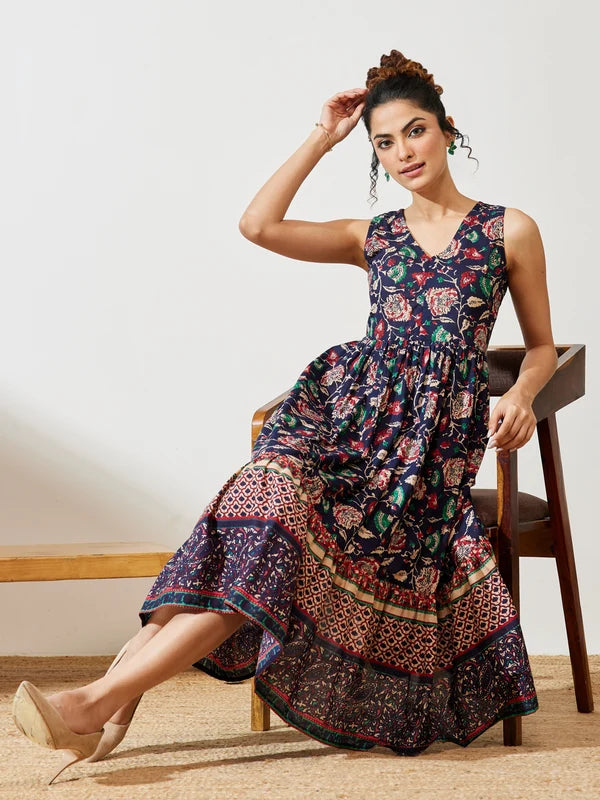 Women's Navy Blue Pure Cotton Floral Prinrted Gathered Dress