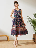 Women's Navy Blue Pure Cotton Floral Prinrted Gathered Dress