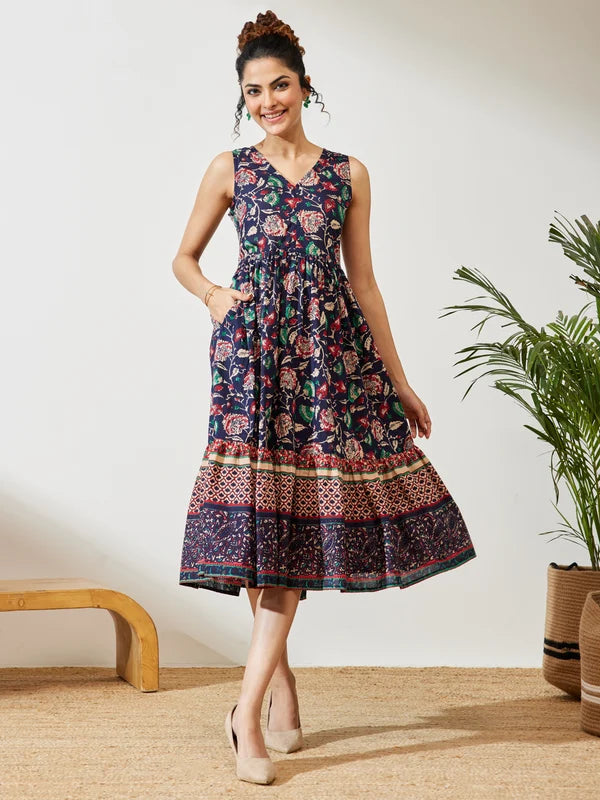 Women's Navy Blue Pure Cotton Floral Prinrted Gathered Dress