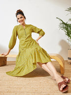 Women's Mustard Pure Cotton Ethnic Motif Printed Fit & Flare Dress