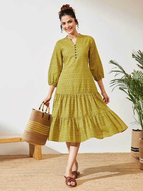 Women's Mustard Pure Cotton Ethnic Motif Printed Fit & Flare Dress