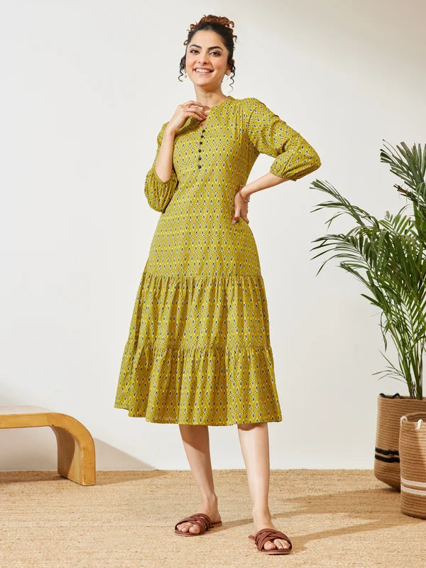 Women's Mustard Pure Cotton Ethnic Motif Printed Fit & Flare Dress