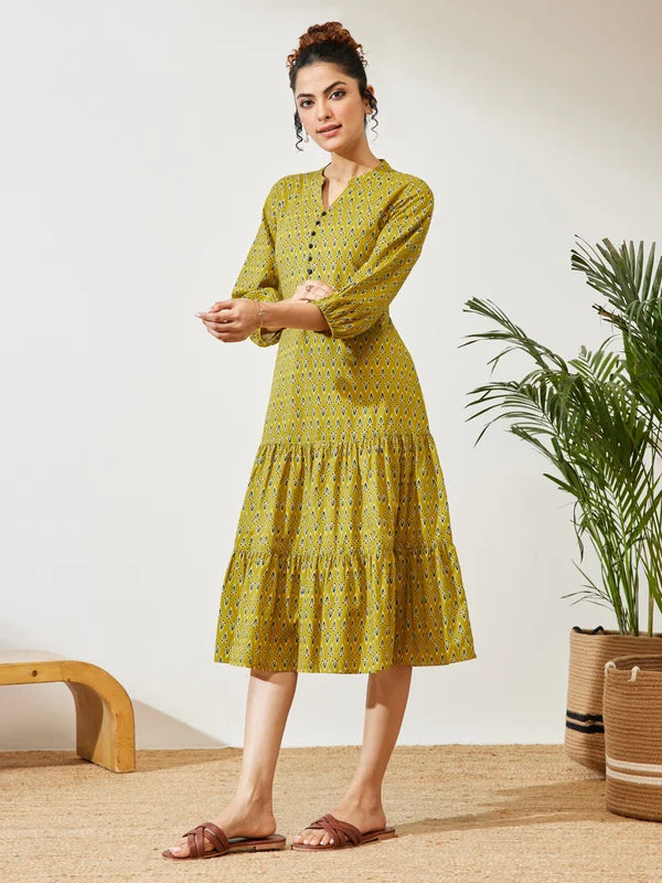Women's Mustard Pure Cotton Ethnic Motif Printed Fit & Flare Dress