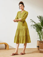 Women's Mustard Pure Cotton Ethnic Motif Printed Fit & Flare Dress