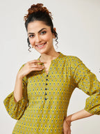 Women's Mustard Pure Cotton Ethnic Motif Printed Fit & Flare Dress
