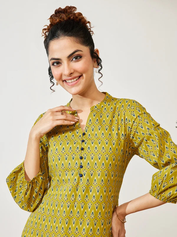 Women's Mustard Pure Cotton Ethnic Motif Printed Fit & Flare Dress