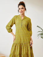Women's Mustard Pure Cotton Ethnic Motif Printed Fit & Flare Dress