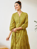 Women's Mustard Pure Cotton Ethnic Motif Printed Fit & Flare Dress