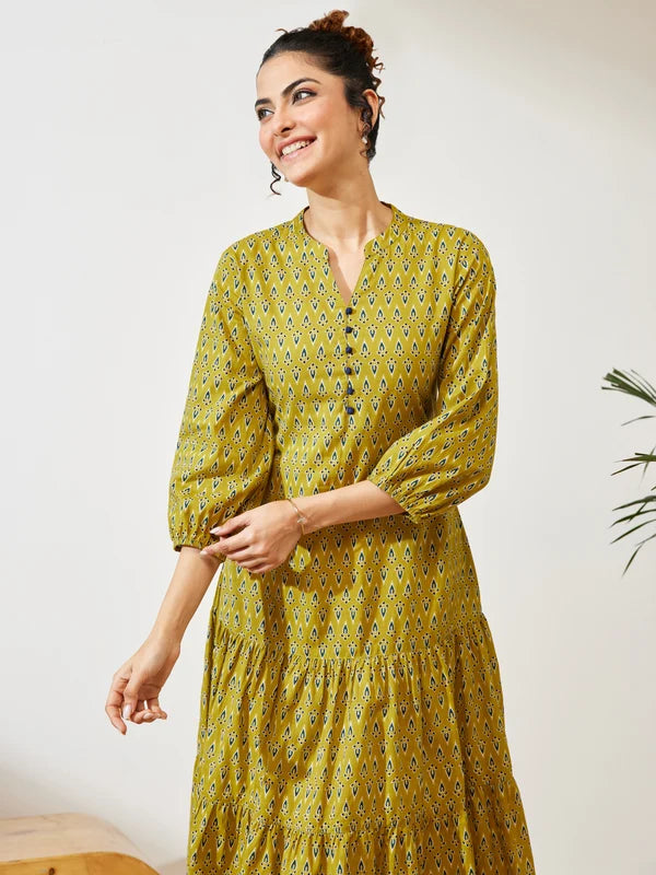 Women's Mustard Pure Cotton Ethnic Motif Printed Fit & Flare Dress