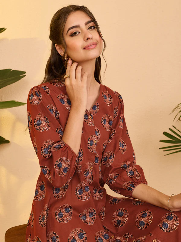 Women's Red Pure Cotton Ethnic Motifs Printed A-line Dress
