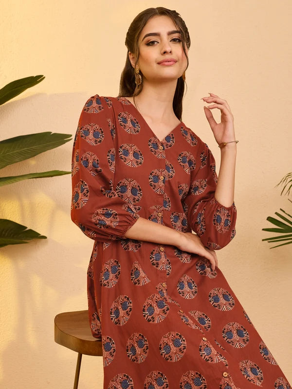 Women's Red Pure Cotton Ethnic Motifs Printed A-line Dress