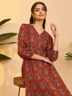 Women's Red Pure Cotton Ethnic Motifs Printed A-line Dress
