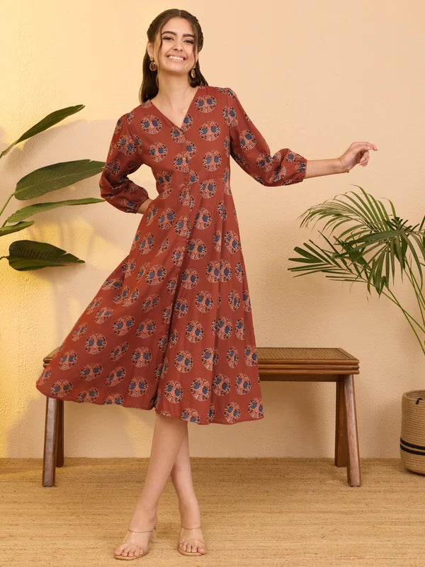 Women's Red Pure Cotton Ethnic Motifs Printed A-line Dress