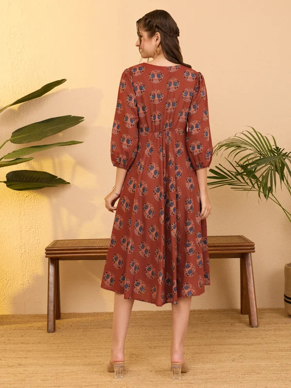 Women's Red Pure Cotton Ethnic Motifs Printed A-line Dress