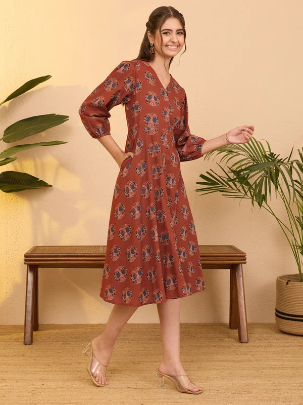 Women's Red Pure Cotton Ethnic Motifs Printed A-line Dress