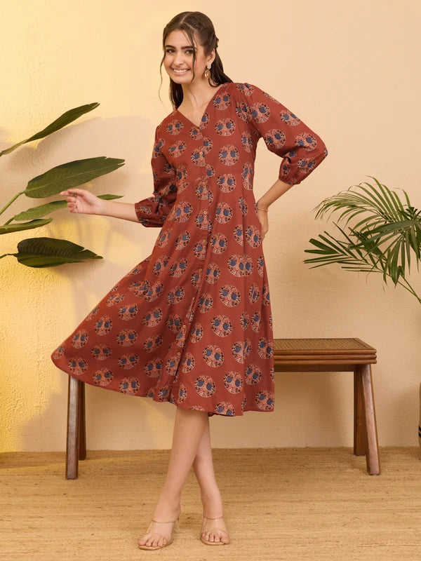 Women's Red Pure Cotton Ethnic Motifs Printed A-line Dress