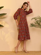 Women's Red Pure Cotton Ethnic Motifs Printed A-line Dress