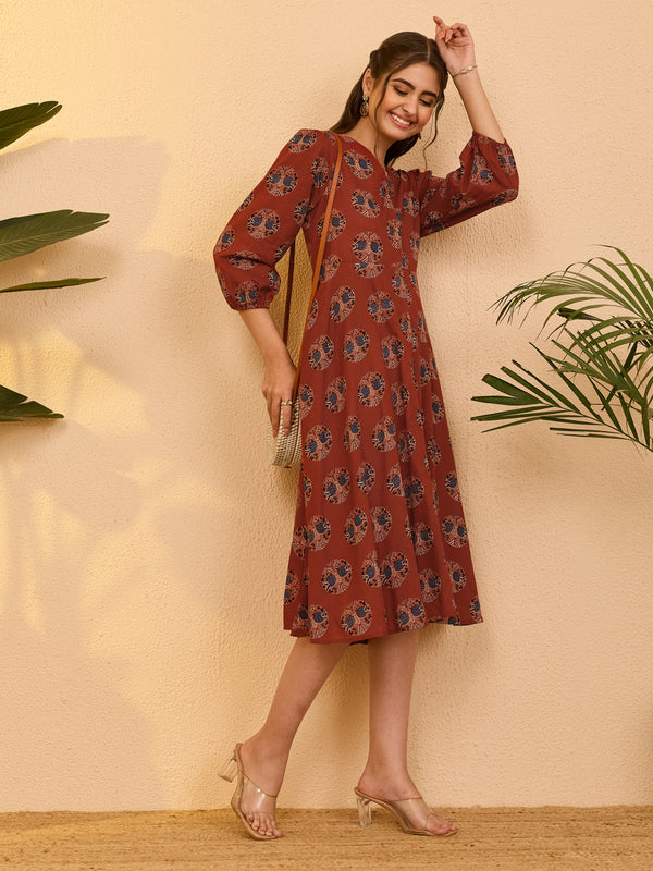 Women's Red Pure Cotton Ethnic Motifs Printed A-line Dress