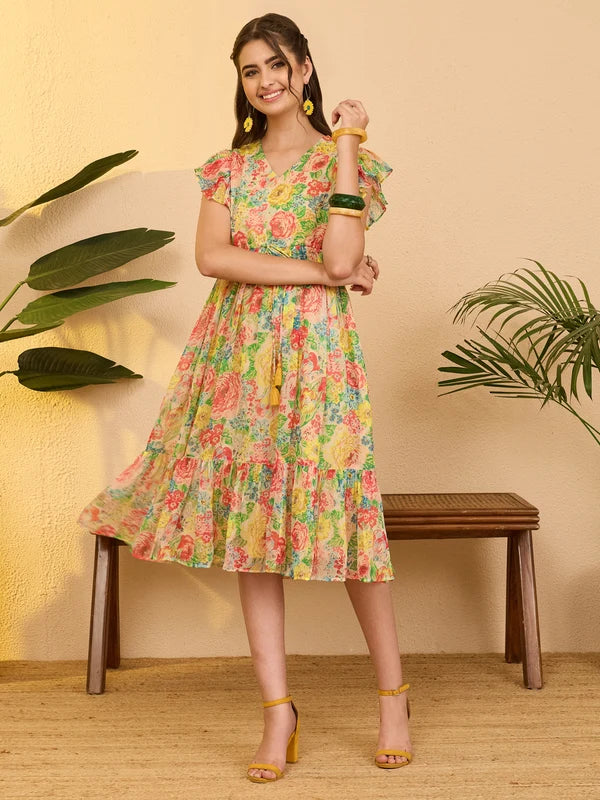 Women's Multi Color Chiffon Floral Printed Fit & Flare Dress