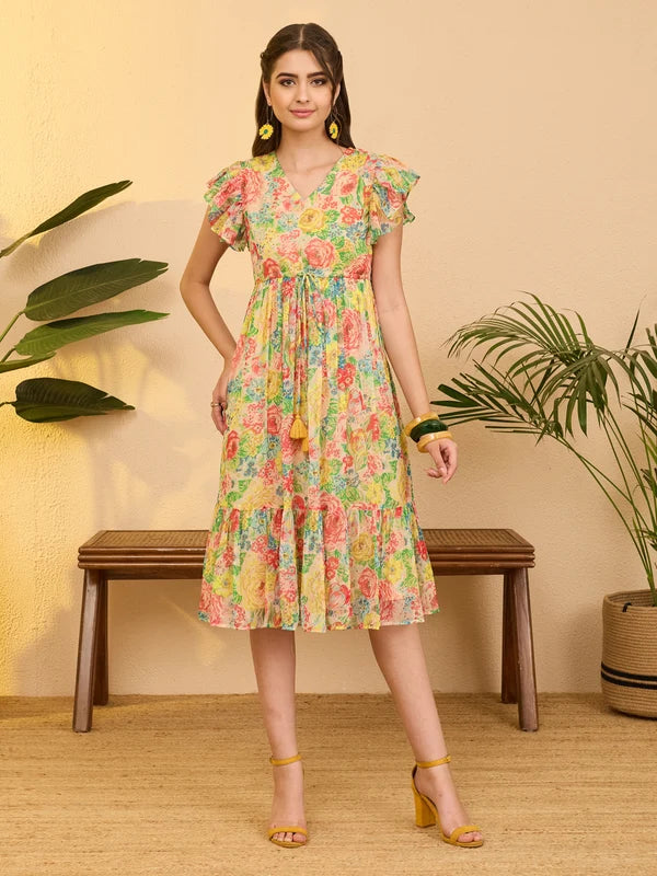 Women's Multi Color Chiffon Floral Printed Fit & Flare Dress