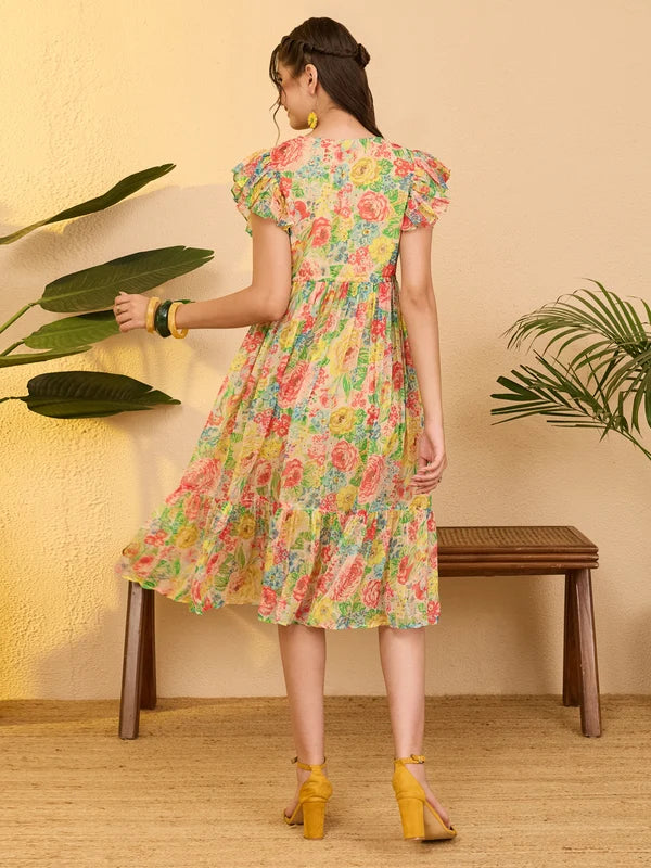 Women's Multi Color Chiffon Floral Printed Fit & Flare Dress