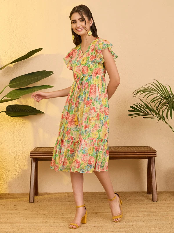 Women's Multi Color Chiffon Floral Printed Fit & Flare Dress