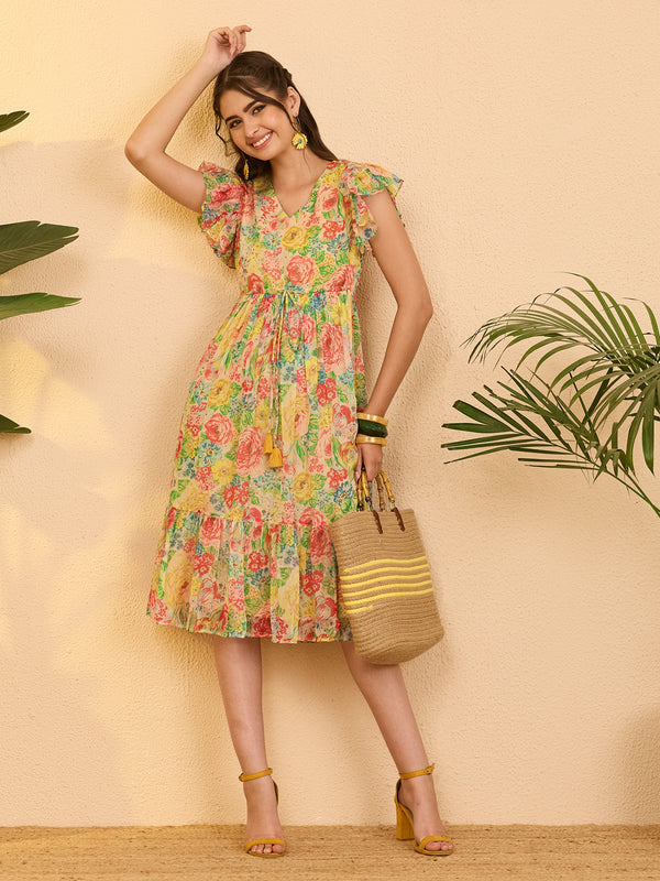 Women's Multi Color Chiffon Floral Printed Fit & Flare Dress