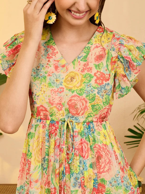 Women's Multi Color Chiffon Floral Printed Fit & Flare Dress