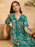 Women's Sea Green Georgette Floral Printed Gathered Dress