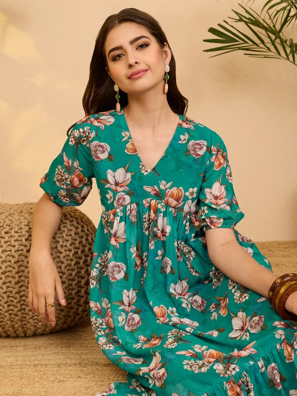 Women's Sea Green Georgette Floral Printed Gathered Dress