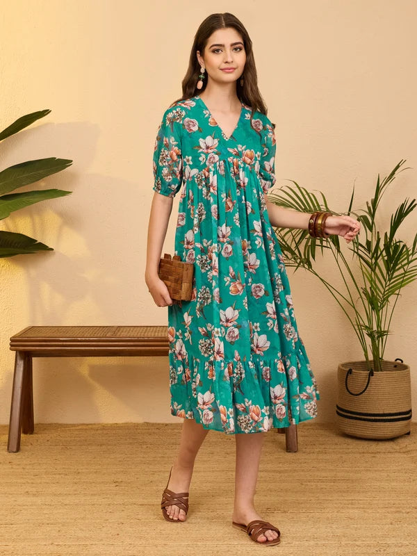 Women's Sea Green Georgette Floral Printed Gathered Dress