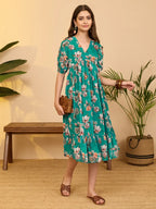 Women's Sea Green Georgette Floral Printed Gathered Dress