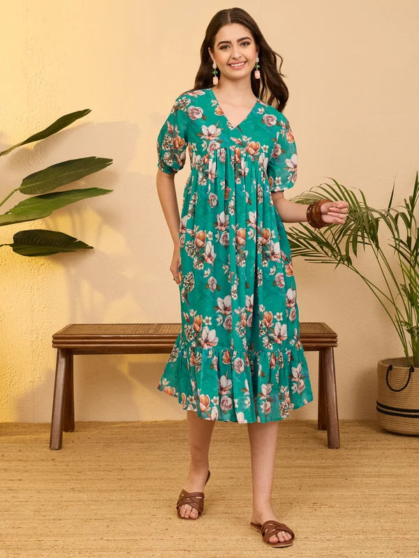 Women's Sea Green Georgette Floral Printed Gathered Dress