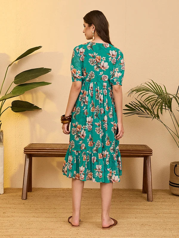 Women's Sea Green Georgette Floral Printed Gathered Dress