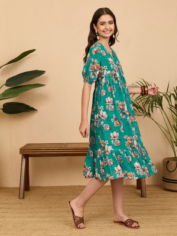 Women's Sea Green Georgette Floral Printed Gathered Dress